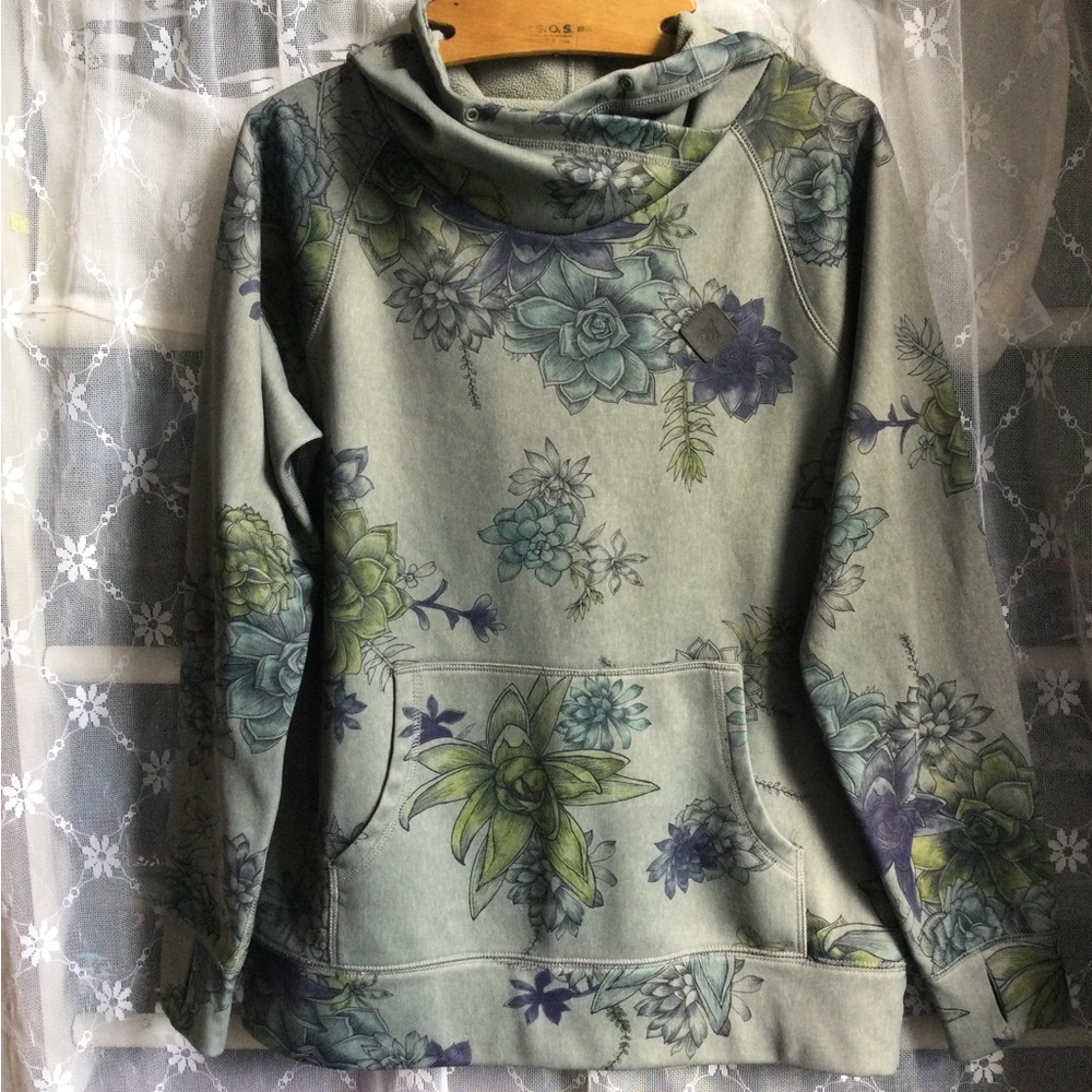 Buton Floral Succulent Print Hoodie Sweater - Sage Green